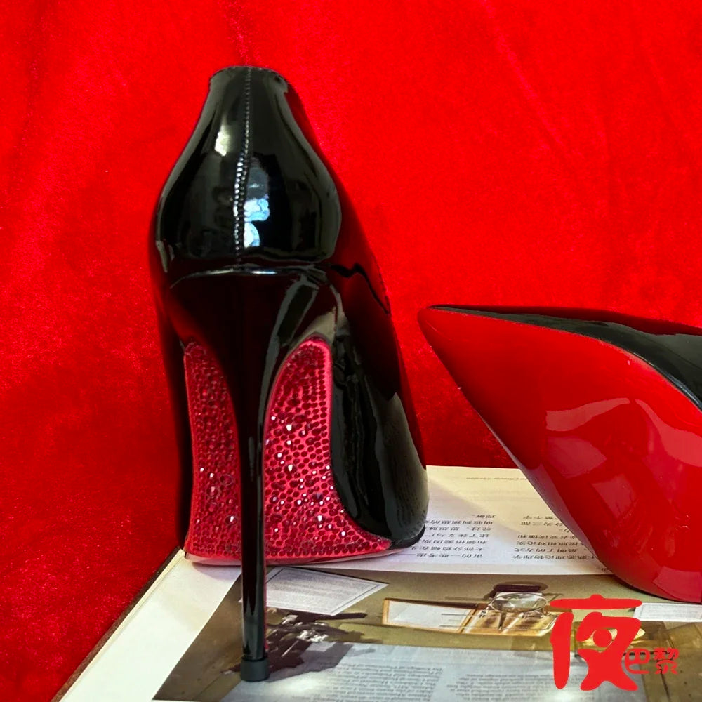 2025new Laser Electric Red High Heels Shallow Mouth Wave Edge Pointed Shoes Sexy 12cm Sexy French Fashion Lady Single Shoes33-46