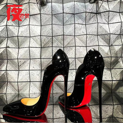 2025new Laser Electric Red High Heels Shallow Mouth Wave Edge Pointed Shoes Sexy 12cm Sexy French Fashion Lady Single Shoes33-46