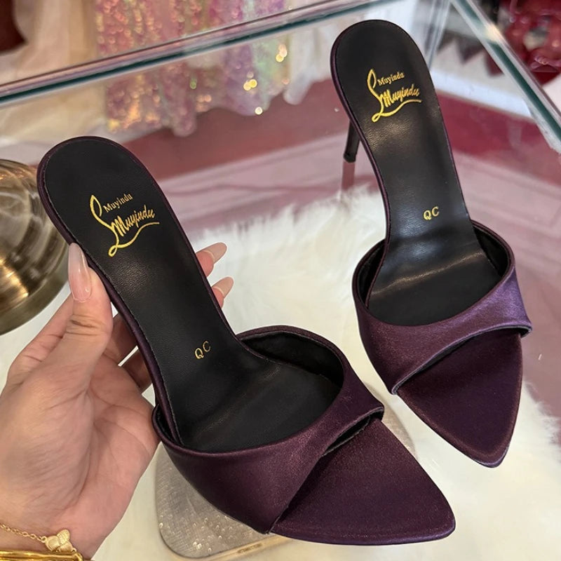 Elegant Satin Purple High Heels Slippers Women High Quality Pointed Toe Slides Designer Sandals Sexy Peep-toe Party Dress Shoes