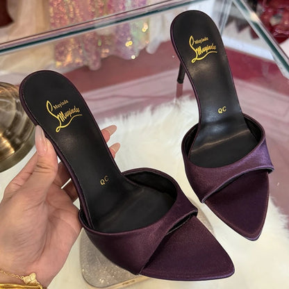 Elegant Satin Purple High Heels Slippers Women High Quality Pointed Toe Slides Designer Sandals Sexy Peep-toe Party Dress Shoes