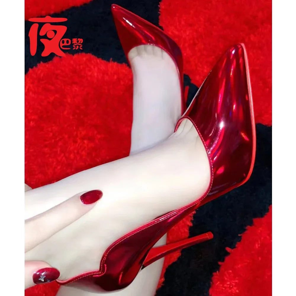 2025new Laser Electric Red High Heels Shallow Mouth Wave Edge Pointed Shoes Sexy 12cm Sexy French Fashion Lady Single Shoes33-46