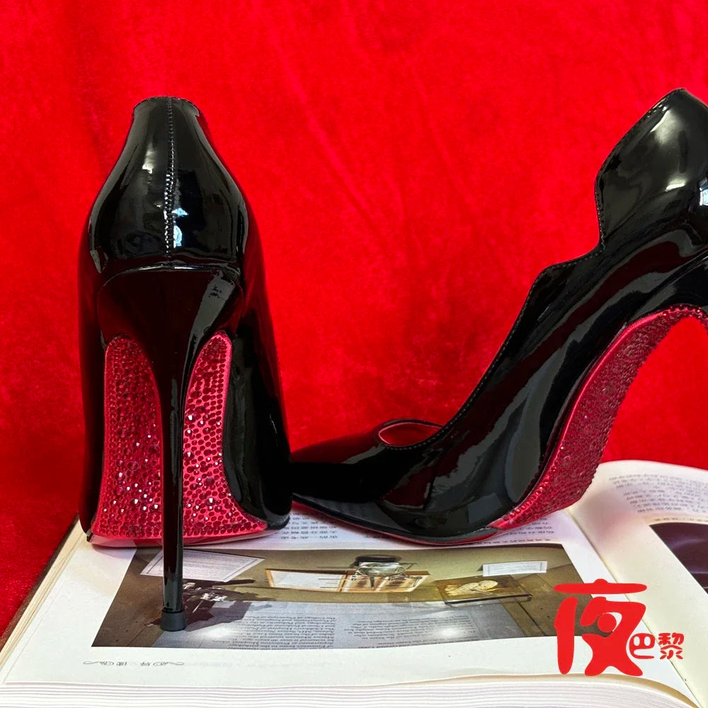 2025new Laser Electric Red High Heels Shallow Mouth Wave Edge Pointed Shoes Sexy 12cm Sexy French Fashion Lady Single Shoes33-46