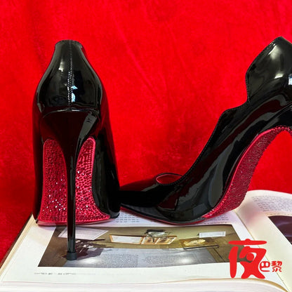 2025new Laser Electric Red High Heels Shallow Mouth Wave Edge Pointed Shoes Sexy 12cm Sexy French Fashion Lady Single Shoes33-46
