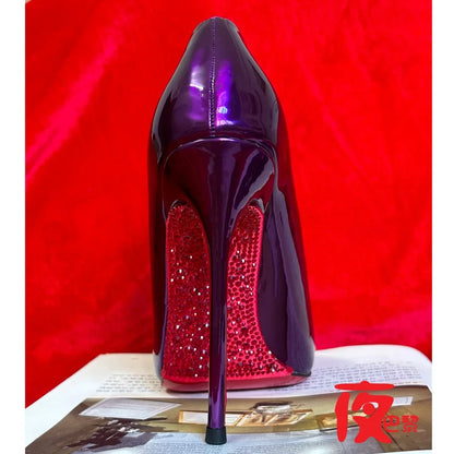 2025new Laser Electric Red High Heels Shallow Mouth Wave Edge Pointed Shoes Sexy 12cm Sexy French Fashion Lady Single Shoes33-46