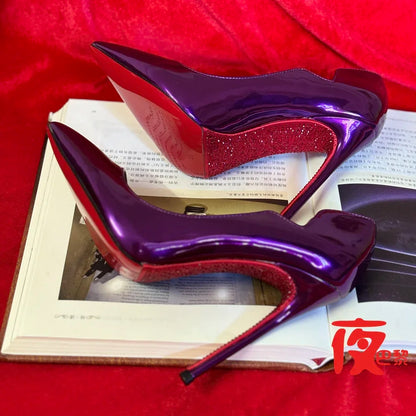2025new Laser Electric Red High Heels Shallow Mouth Wave Edge Pointed Shoes Sexy 12cm Sexy French Fashion Lady Single Shoes33-46