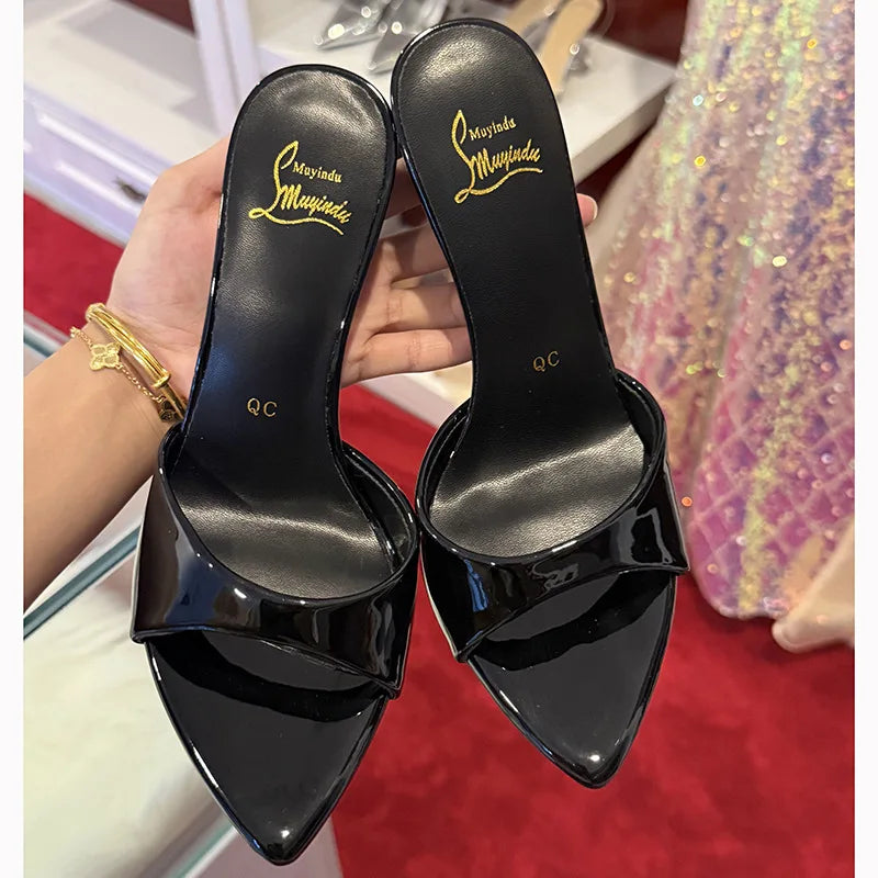 Elegant Satin Purple High Heels Slippers Women High Quality Pointed Toe Slides Designer Sandals Sexy Peep-toe Party Dress Shoes