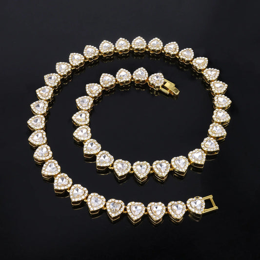 Swaroski dupe 45CM New Hip Hop Tennis Chain Bracelet Necklace Shiny Heart Rhinestone CZ Fashion Rock Party Jewelry Set