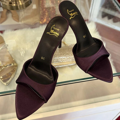 Elegant Satin Purple High Heels Slippers Women High Quality Pointed Toe Slides Designer Sandals Sexy Peep-toe Party Dress Shoes
