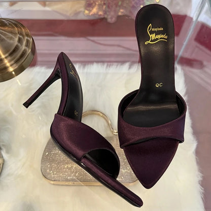 Elegant Satin Purple High Heels Slippers Women High Quality Pointed Toe Slides Designer Sandals Sexy Peep-toe Party Dress Shoes