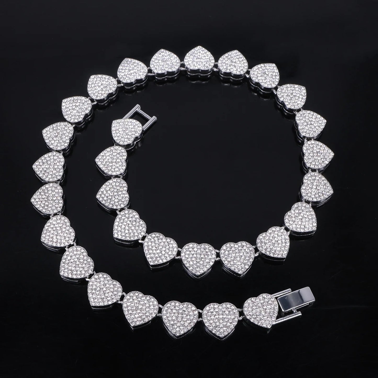 Swaroski dupe 45CM New Hip Hop Tennis Chain Bracelet Necklace Shiny Heart Rhinestone CZ Fashion Rock Party Jewelry Set