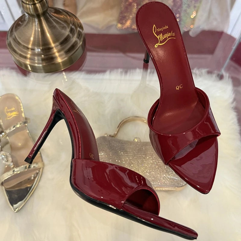 Elegant Satin Purple High Heels Slippers Women High Quality Pointed Toe Slides Designer Sandals Sexy Peep-toe Party Dress Shoes