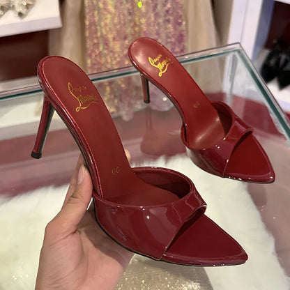 Elegant Satin Purple High Heels Slippers Women High Quality Pointed Toe Slides Designer Sandals Sexy Peep-toe Party Dress Shoes