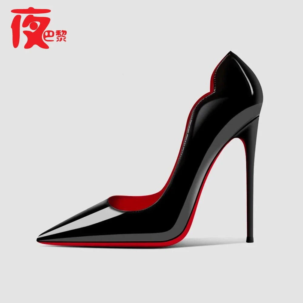 2025new Laser Electric Red High Heels Shallow Mouth Wave Edge Pointed Shoes Sexy 12cm Sexy French Fashion Lady Single Shoes33-46