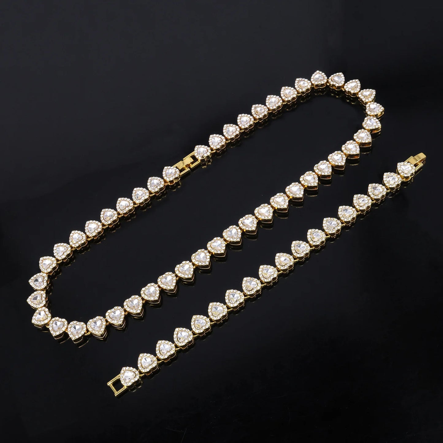 Swaroski dupe 45CM New Hip Hop Tennis Chain Bracelet Necklace Shiny Heart Rhinestone CZ Fashion Rock Party Jewelry Set