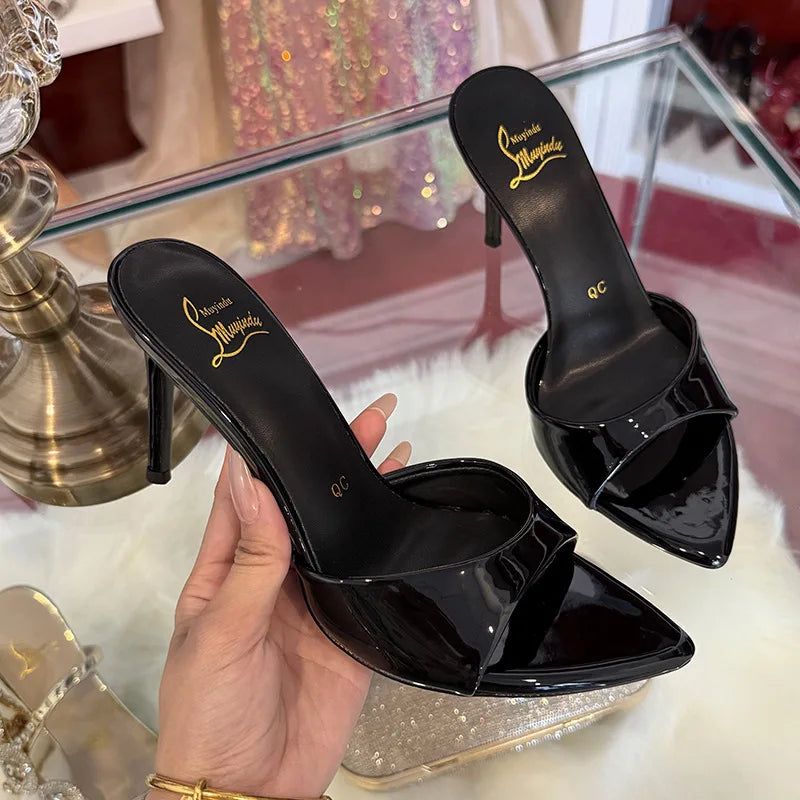 Elegant Satin Purple High Heels Slippers Women High Quality Pointed Toe Slides Designer Sandals Sexy Peep-toe Party Dress Shoes