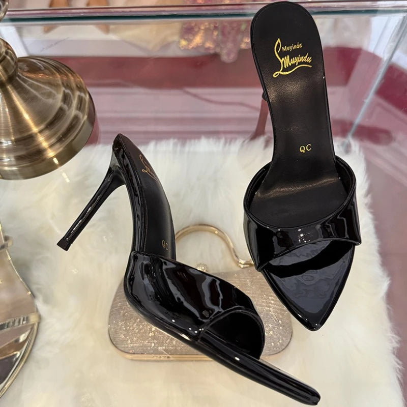 Elegant Satin Purple High Heels Slippers Women High Quality Pointed Toe Slides Designer Sandals Sexy Peep-toe Party Dress Shoes