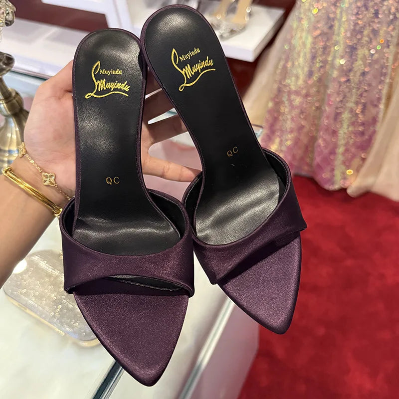 Elegant Satin Purple High Heels Slippers Women High Quality Pointed Toe Slides Designer Sandals Sexy Peep-toe Party Dress Shoes