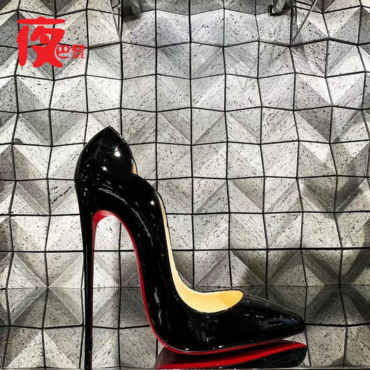 2025new Laser Electric Red High Heels Shallow Mouth Wave Edge Pointed Shoes Sexy 12cm Sexy French Fashion Lady Single Shoes33-46
